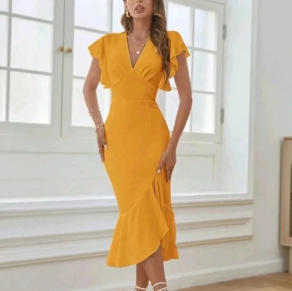 Women Fashion Solid Color V-Neck BodyconDress With Irregular Hem - Picture 1 of 5